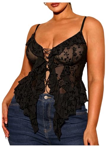 SHENHE Women's Plus Size Sexy Open Front Lace Up Sheer Mesh Ruffle Trim Y2k Top Camisole Tank Black XX-Large Plus