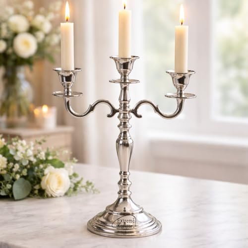 Image of 3 Arm Silver Candlestick Holder Stand | 12 Inch Metal Candelabra Candle Stand for Dining Table, Living Room, Wedding & Home Decor