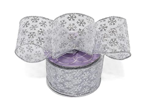 Image of Sheer Silver Snowflakes Christmas Ribbon - 2 1 /2 inch x 10 Yards, Wired Ribbon, Glitter, Gift Wrapping, Wreath, Gift Basket, Bows, Winter Decor