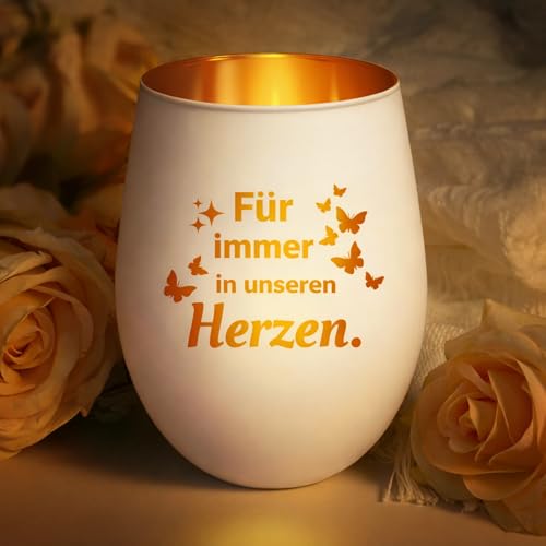 Trauergeschenk & Trauerlicht, Teelichthalter als Alternative zu Trauerkerzen mit Spruch Für Immer in unseren Herzen, Weiß Goldenes Windlicht Glas, Trostspender Deko für Sternenkinder & Beerdigung