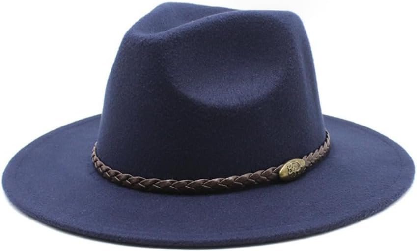 Classic Western Felt Fedora Hat, Black with Braided Band, Wide Brim