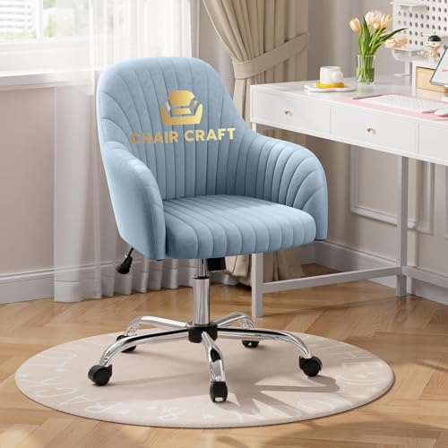 Image of Velvet Desk Chair for Home Office, Adjustable Swivel Task Chair Modern Computer Vanity Chairs with Arm Rest for Bedroom Living Room Make-up Room (Blue Light)
