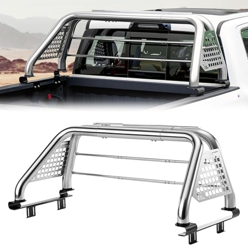 Image of JOYTUTUS Roll Bar for Full-Size Truck Stainless Steel Chase Rack Pickup Sports Bar Compatible with F150 F250 F350 Ram1500 Silverado Sierra Tundra, with Rear Window Protection Frame