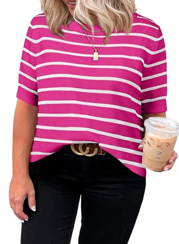 Image of Eytino Women Plus Size Sweater Tops Short Sleeve Crewneck Striped Tshirts Casual Summer Blouses Shirts(1X-5X)