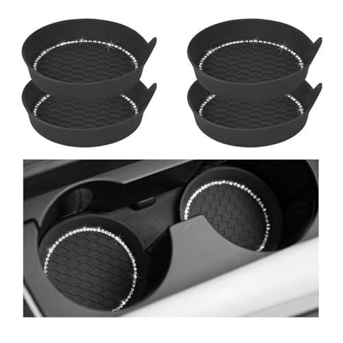 NYTKL 4 PCS Bling Car Cup Coaster, Crystal Rhinestone Cup Holder Insert for Car Interior Decoration, Non Slip Shockproof Silicon Sparkly Drink Met Universal for Most Vehicles (Black)