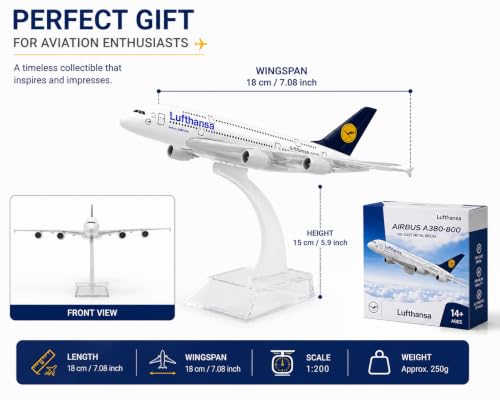 Image of Lufthansa Airbus A380-800 Die-Cast Metal Airplane Model with Display Stand | 18 cm Aircraft Collectible | Desktop Office Decor | Aviation Gift for Kids & Adults | Scale Model Plane