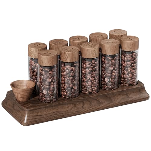 Gernshe Single Dose Coffee Bean Storage Tubes Coffee Storage Container with One-Way Exhaust Valve,Coffee Bean Cellar 10 Pcs Dosing Glass Vials (2 Oz) Walnut Wood Stand Funnel And Lids