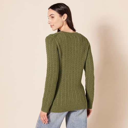 Amazon Essentials Damen Fisherman Cable Langarm-Pullover mit Rundhalsausschnitt (Erhältlich in Übergröße), Olivgrün, Größe M