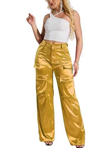 Womens High Waisted Satin Cargo Pants Loose Fit Wide Leg Trousers with Pockets Trendy Outfit