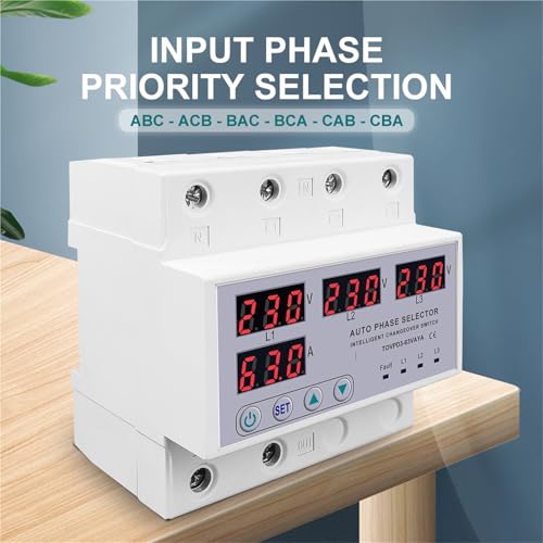 Selector de fase riel DIN trifásico 63A con relé protector de corriente ajustable 3P+N 3