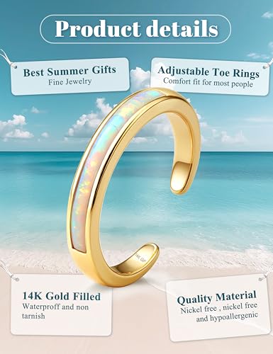 FIASASO 14K Gold Filled Toe Rings for Women Non Tarnish 14K Gold Filled Toe Ring Adjustable Band Opal Dainty Toe Ring Summer Beach Open Toe Rings Foot Jewelry2