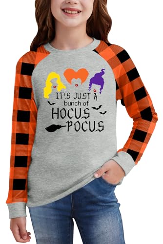 Image of BesserBay Girls Halloween Funny Plaid Graphic Shirt Long Sleeve Spooky Patchwork Raglan Top 5-14 Years