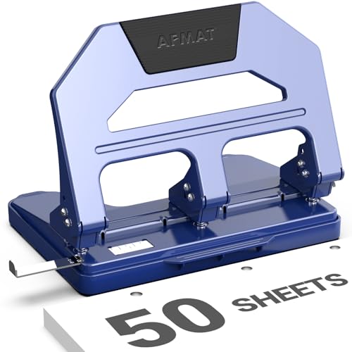 Image of AFMAT Heavy Duty 3 Hole Puncher, 50-Sheet Paper Punch Heavy Duty, 50% Reduced Effort Three Hole Punch, 10K+ Uses, Metal Hole Puncher 3 Ring w /Large Tray, Bulit-in S.S. Paper Guide HPX4(Blue)