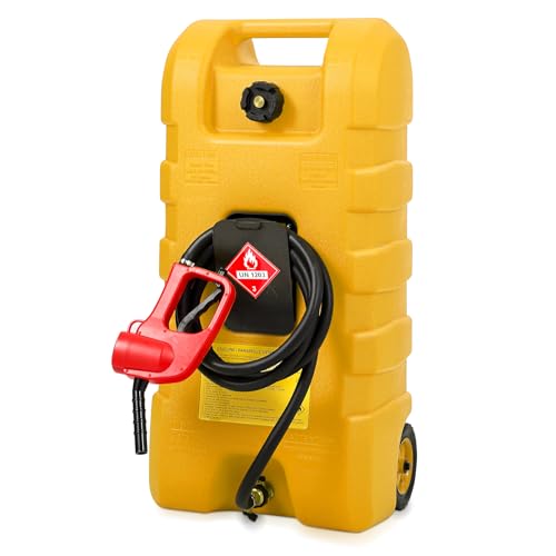 PAMBEE 15 Gallon Gas Can, Fuel Tank Container with LE Fluid Transfer Manual Siphon Pump & 10FT Hose, Portable Diesel Gas Storage Caddy with Wheels for Car, ATV, Weeder, Boat, etc., Yellow