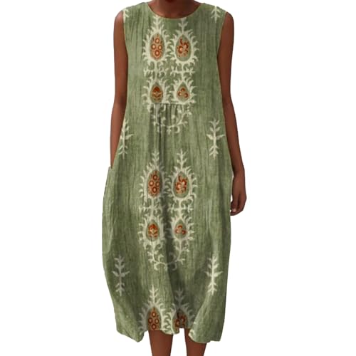 Boho Musselin Sommerkleid Damen Leinenkleid Ärmellos Vintage Blumenkleid mit Taschen Rundhals Tunika Freizeitkleid Baumwolle Luftig Strandkleid...