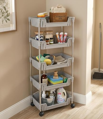 Image of JD FRESH 5-Tier Multi Storage Rack for Home & Kitchen /360-Degree Rotating Wheels with Breathable Kitchen Shelf Storage Rack /Plastic Rolling Cart for Kitchen, Bathroom, Office & Living Room (Grey)