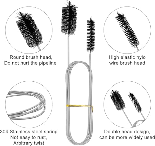 Flexible Doppelkopf Reinigungsbürste 155cm, Doppelseitige Schlauchbürste aus Edelstahl für Rohre, Schmales Abflussloch Schwarz