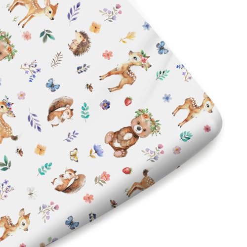Image of Cute Animals Fitted Baby Crib Sheet for Boy Girl 52 inchx28 inch Bear Squirrel Deer Hedgehog Floral Leaves Soft Breathable Baby Nursery Bed Sheet Fits Standard Crib and Toddler Bed Mattresses