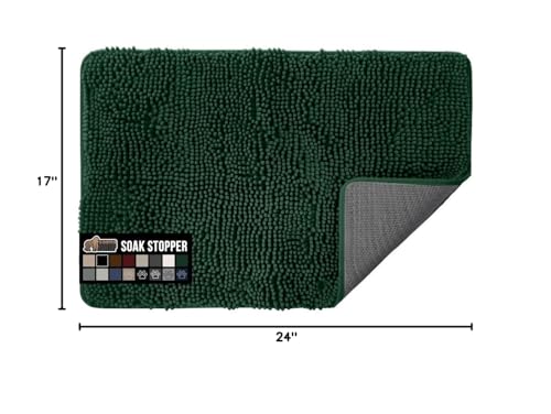 Image of GORILLA GRIP SoakSTOPPER Dog Door Mat, Machine Washable Rug Absorbent Doormat Captures Moisture Mud Dirt, Quick Dry Soft Chenille Entryway Rugs Indoor Entrance Mats for Dog Paws, 24x17 Deep Green