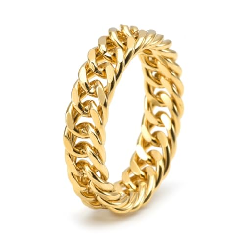 14K Gold Curb Chain Ring for Men - Cuban Link Eternity Band Statement Ring for Husband, Dad, Engagement, Anniversary - Size 4 to 18