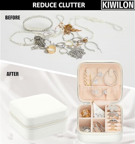 Image of Travel Jewelry Organizer Box for Women - 14 Slots Portable Jewellery Storage Case with Ring Holder & Necklace Hooks | Compact PU Leather Vanity Organizer for Earrings, Rings, Chains (White)