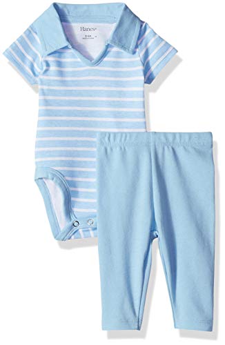 Hanes Ultimate Baby Flexy 2 Piece Set (Pant with Short Sleeve Polo Bodysuit), Blue Stripe, 0-6 Months