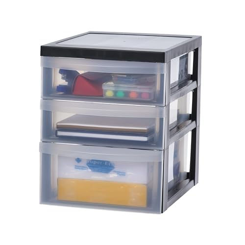 Iris Ohyama, Tour de rangement plastique, 3 tiroirs rangement Bureau dont2 de 7.5L et 1 de 11.25L, Poignée incrustrée, DC-221, Noir - L29 x P40 x H37 cm