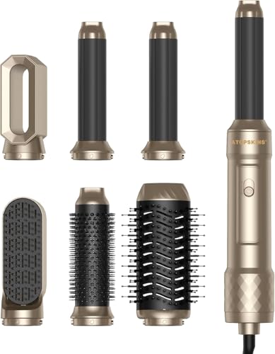 Image of 6 in 1 Air Styler Magic Hair Dryer Brush, Negative Ionic Blow Dryer Brush & 3 Heat Settings, Detachable Auto Curling & Straightening Volumizing, Frizz-Free Styling, Salon to Home Use (Black-Gold)