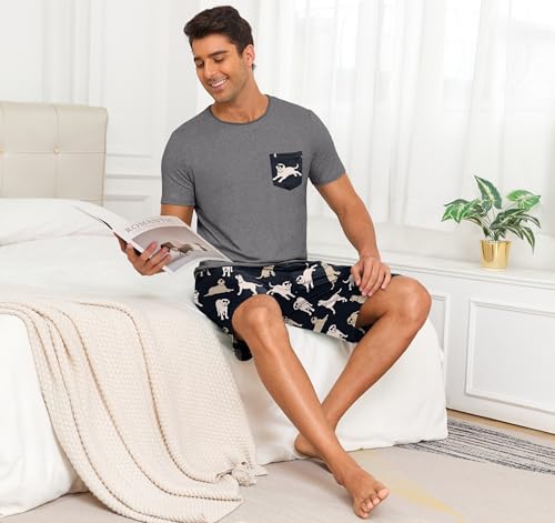 Image of PrinStory Mens Summer Pajamas Set Lightweight Pjs Sets Short Sleeve Pajama Shorts Set Soft Sleepwear Loungewear with Pockets