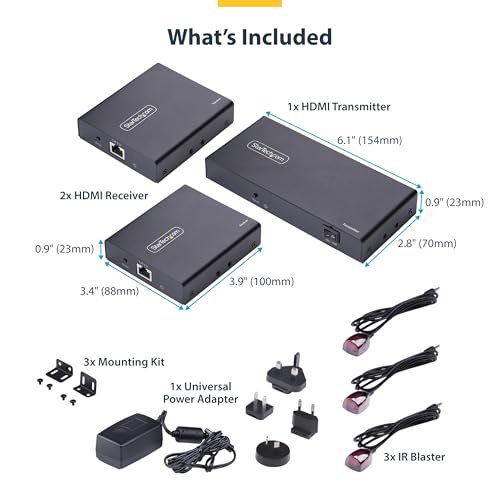 Image of StarTech 1x2 HDMI Extender Splitter Over CAT6, 4K 60Hz, 230ft, 2-Display | One transmitter to two receivers, Power over cable, 2ch audio, No drivers, Boardroom and signage, Wall or ceiling