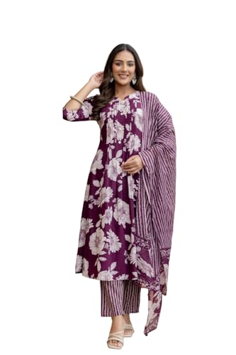 Image of NIVANA Floral Printed Kurta with Pant & Stripe Printed Dupatta | 3 /4 Sleeves | Round Notch Neck Button Detail