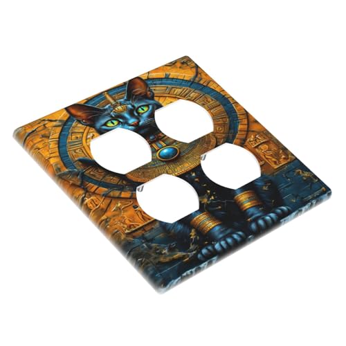 Decorative Outlet Covers Egyptian Black Cat Vintage Gold Decorated 2 Gang Wall Plate Cover Double Duplex Receptacle Two Switch Light Switch Cover Plate Jumbo Faceplate for Home Decor