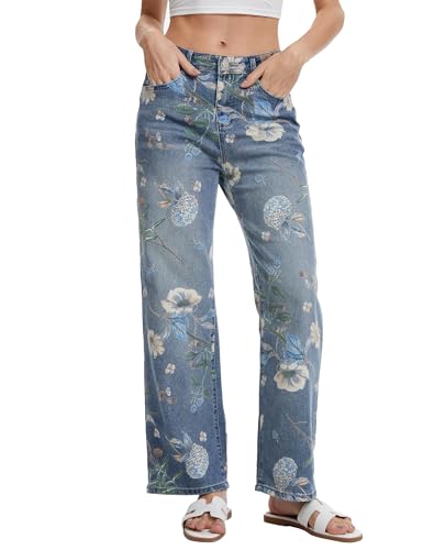 Vintage Floral Jeans for Women 90s High Rise Wide Leg Casual Stretchy Denim Pants Trendy Pantalones De Mujer