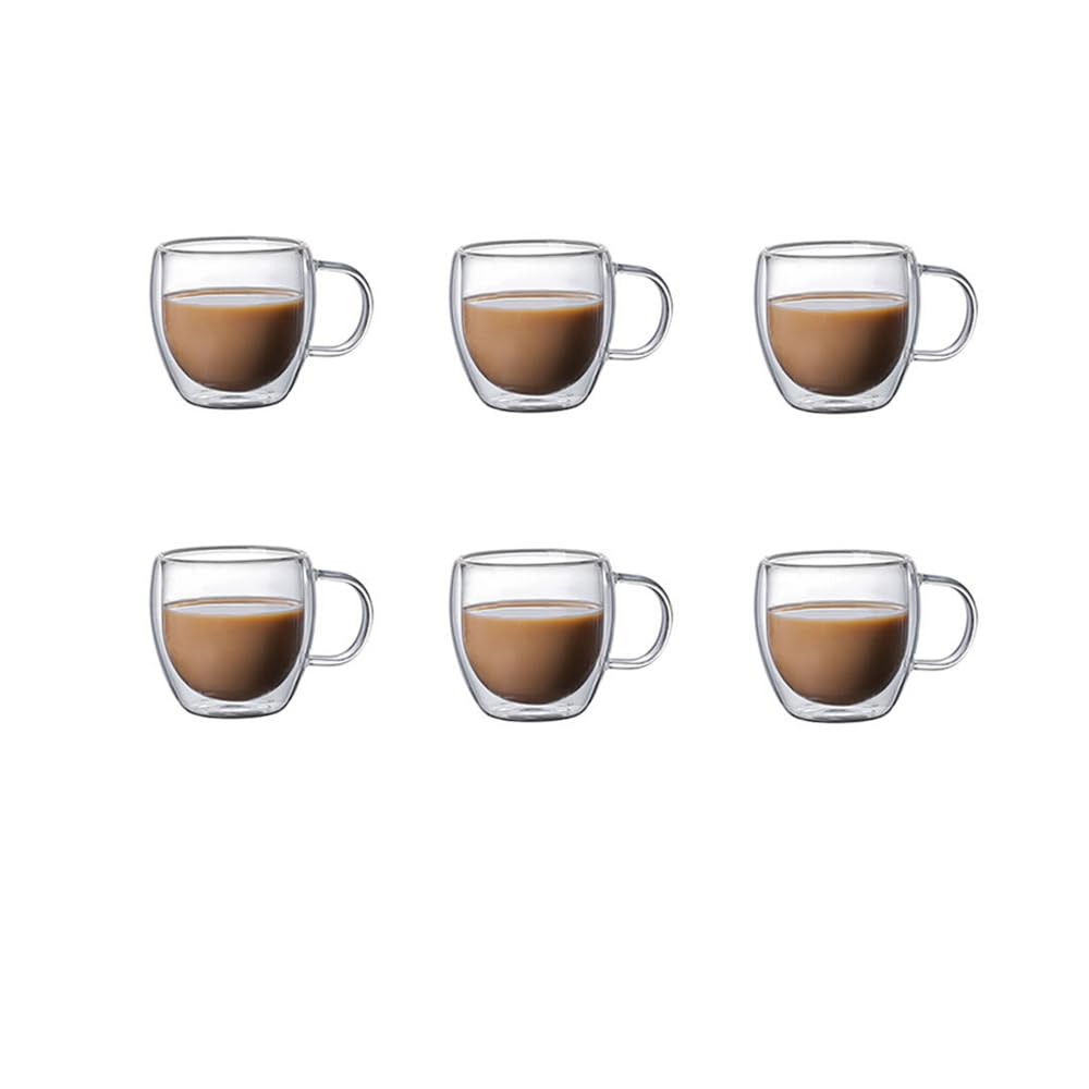 Oyalah Double Wall Glasses for Coffee/Tea, Espresso Shot Glass Cup, Set of 6 Coffee Mug Perfect for Cappuccino, Latte, Turkish Tea, Milk and Beverage (150ml Handle)