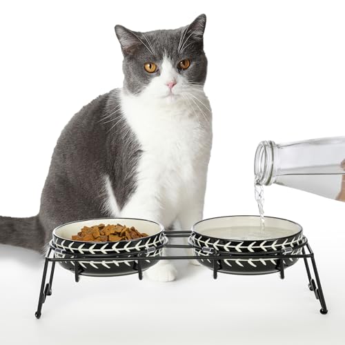 Signature Housewares Ceramic Pet Bowl Set - Food Water Bowls for Cats, Small Dogs and Puppies with Sturdy Metal Stand - Set of 2 5in. Bowls, 12 oz Each