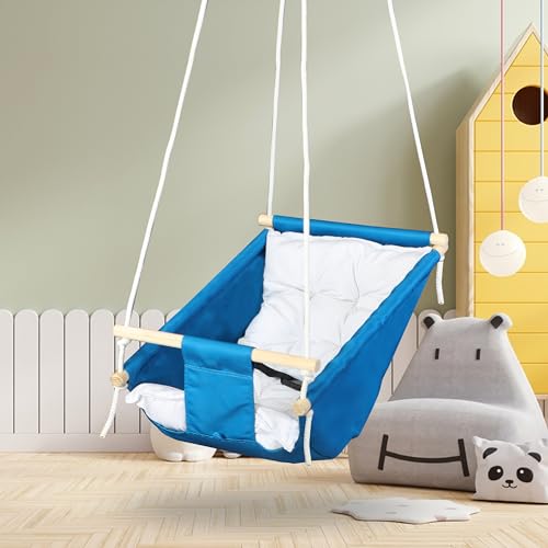 Image of Baby Swing for Infants and Toddler, Newborn Baby Sleeping Chair Hammock Indoor and Outdoor, Wooden Hanging Seat Chair for Baby up to 2 Years (Blue)