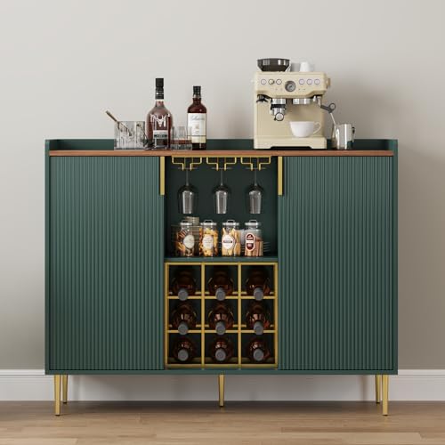 Image of ARTPOWER 48 inch Wine Bar Cabinet with Fluted Texture, Modern Buffet Sideboard with Wine Rack and Glass Holder, Liquor Coffee Station with Storage for Kitchen, Living Room, Home Bar, Green