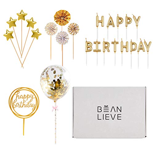 Bean Lieve Birthday Candles Set - Cake Topper Decoration With Cake Candles Confetti Balloon Stars And Fan Cupcake Toppers 12 Pieces Birthday Cake Decor For Birthday Party Celebration (Gold) #TOP6