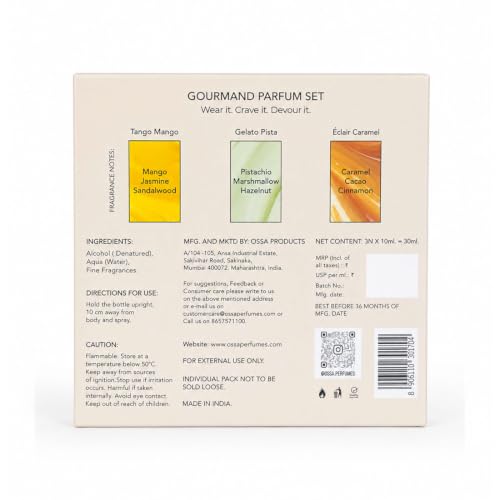 Image of OSSA Gourmand Parfum Miniature Set for Men & Women, 30ML (3 x 10ML) | Mango, Pista & Caramel Fragrances | Long Lasting Unisex Perfume Gift Set | Premium Travel Size Parfum Collection