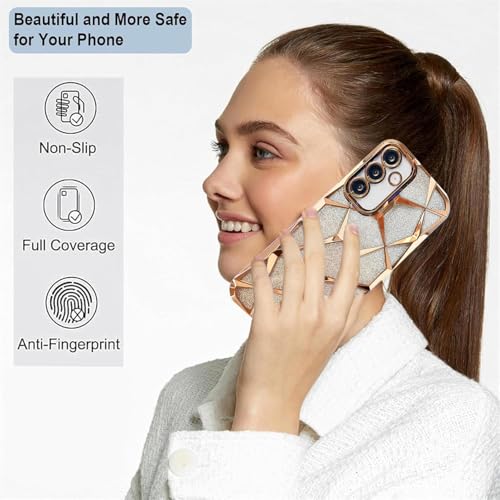 Image of VONZEE Gradient Glitter Clear Case for Samsung S25 Plus, Luxury Electroplated 3D Cube, Diamond Bling Shiny Soft TPU Clear Shockproof Women Girls Protective Phone Cover (Gold)