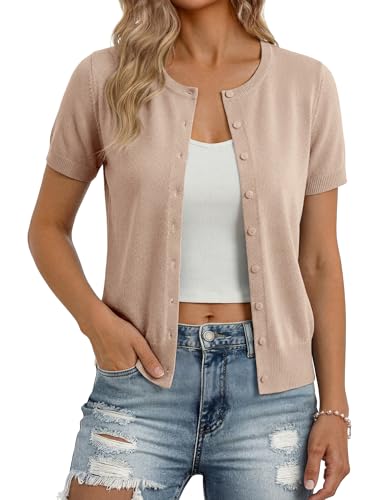 Image of GRACE KARIN Women Short Sleeve Cardigan, 2026 Summer Knitted Sweater Tops, Basic Crew Neck Crop Outfits