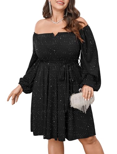 SCOMCHIC Plus Size Womens Sequin Glitter Mini Dress Off Shoulder Long Sleeve A-Line Club Cocktail Party Dresses with Belt Black