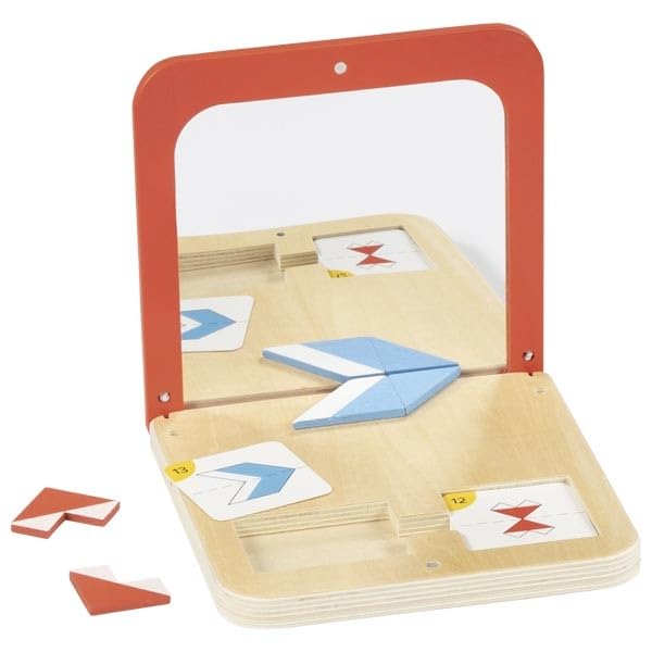 goki 56296 - Jeu de symétrie magique - Jeu en bois avec boîte miroir - 26 pièces et 21 cartes double face - 15,9 x 15,9 x 2 cm - À partir de 4 ans