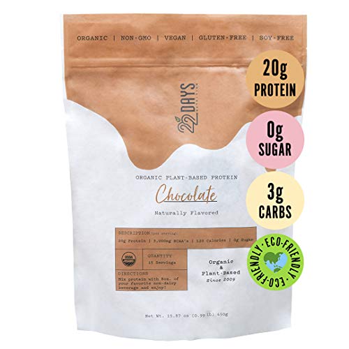 22 Days Nutrition Organic Protein Powder, Chocolate, 15 Serving | Gluten Free, Vegan- Pea, Flax, and Sacha Inchi- Plant Based Protein Powder (20g) - Naturally Sweetened with Stevia