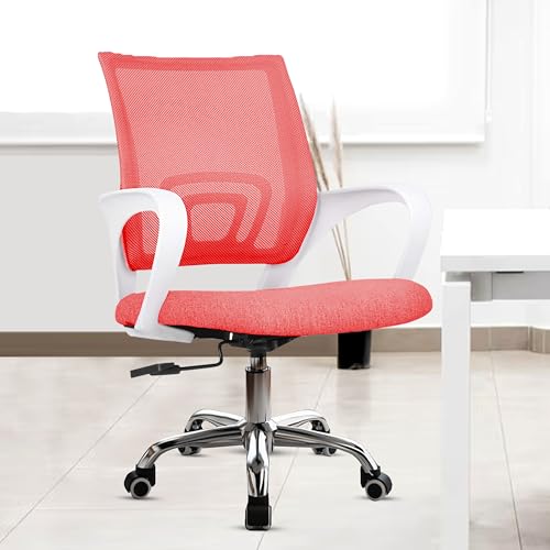 Image of Casa Copenhagen Mesh Mid Back Office /Study /Computer /Revolving /Desk Chair for Work from Home -Metal Base, Height Adjustable Seat - Cherry Red & White Handle