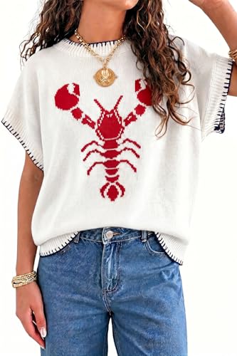 Mazulun Womens Crawfish Cap Sleeve Knit Tops Casual Crewneck Shirts Summer Pullover Sweater Blouses White Red XL