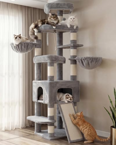 Image of Heybly Cat Tree, 82.7″ Extra Tall Cat Tower for Large Cats Adult HCT063W | Giant Cat Condo with Multi-Level Platforms, 2 Baskets, Spacious Cat Cave, Wide Sisal Scratching Board, Light Gray