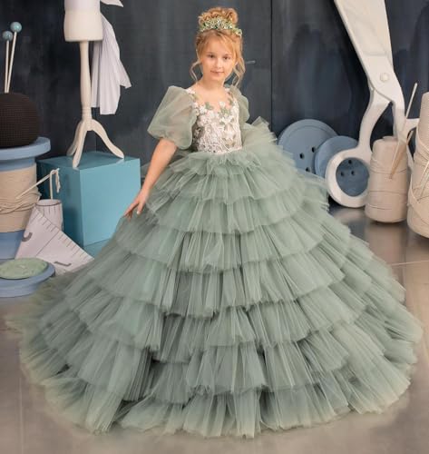 Flower Girl Dress Lace Appliques Princess Tulle Pageant Dress Ruffles Long Flower Girl Dresses3