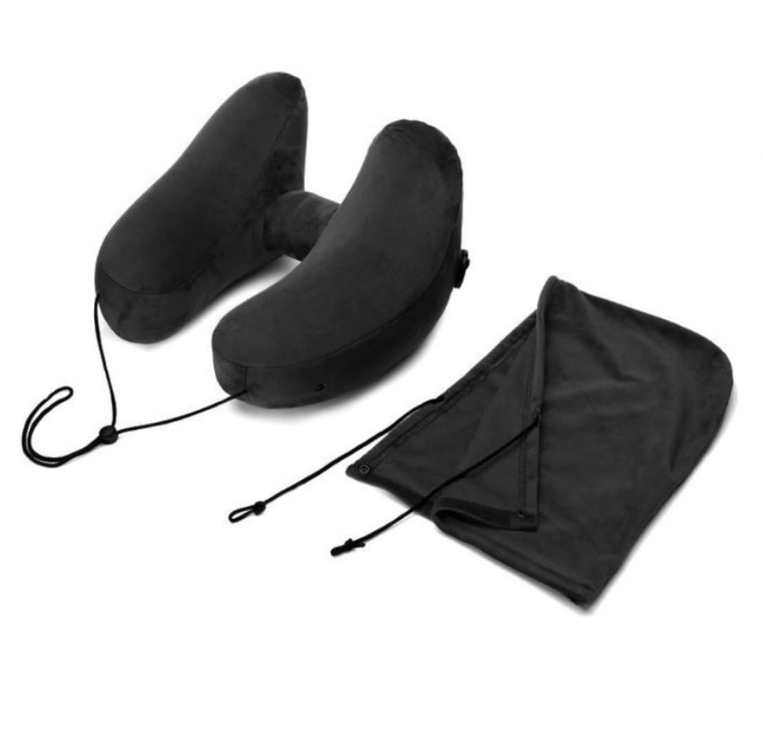 Reise Zubehör Kissen Aufblasbares Reisekissen, Reise-Kapuzenpullover, Reise-Nackenkissen, U-förmiges Kissen Mit Seitentasche(Black)
