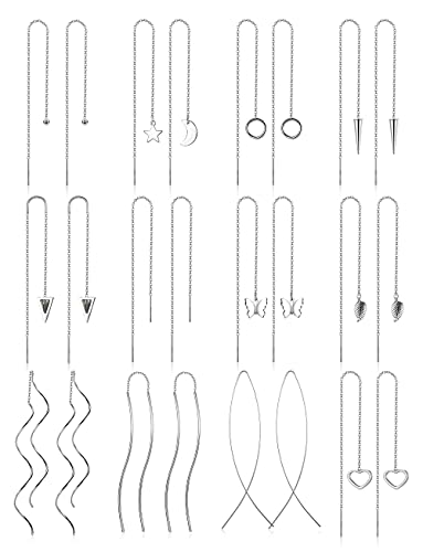 Drperfect 12Pairs Stainless Steel Threader Earrings for Women Chain Tassel Earrings Double Twist Wave Dangle Drop Chain Earrings Set